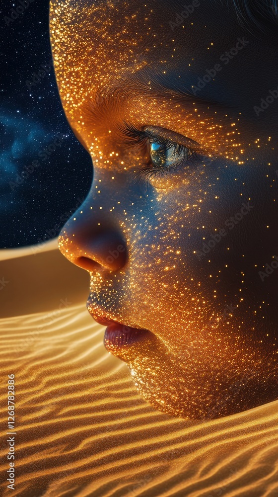 Poster child's face illuminated with sparkling details against a starry sky during twilight in a desert set