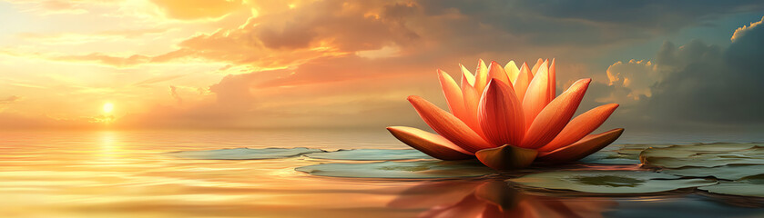 A serene view of a vibrant orange lotus flower floating on calm water at sunset, creating a peaceful atmosphere.
