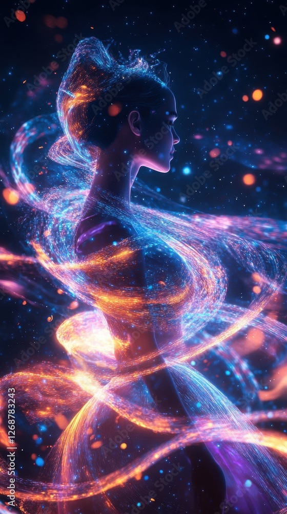 Aufkleber surreal visualization of a dancer’s profile amidst swirling colors and ethereal light effects