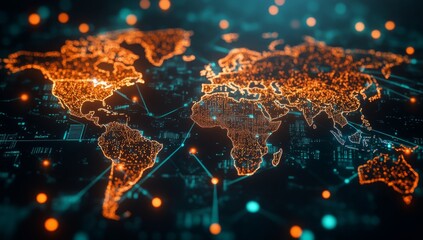Global network connections, data flow, digital world map, glowing nodes, background bokeh, tech illustration