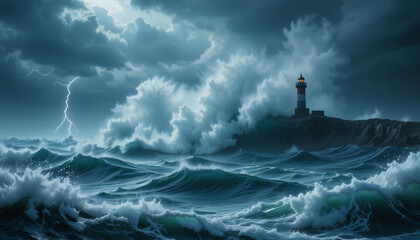 Dramatic Stormy Sea with a Guiding Lighthouse