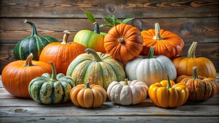 Assorted Pumpkins of Various Shapes and Colors on Wooden Background