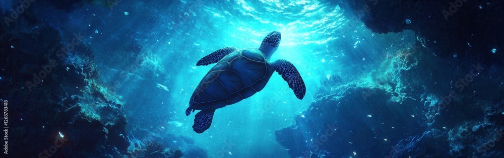 Poster surreal visualization of glowing turtles underwater creating an enchanting ocean atmosphere