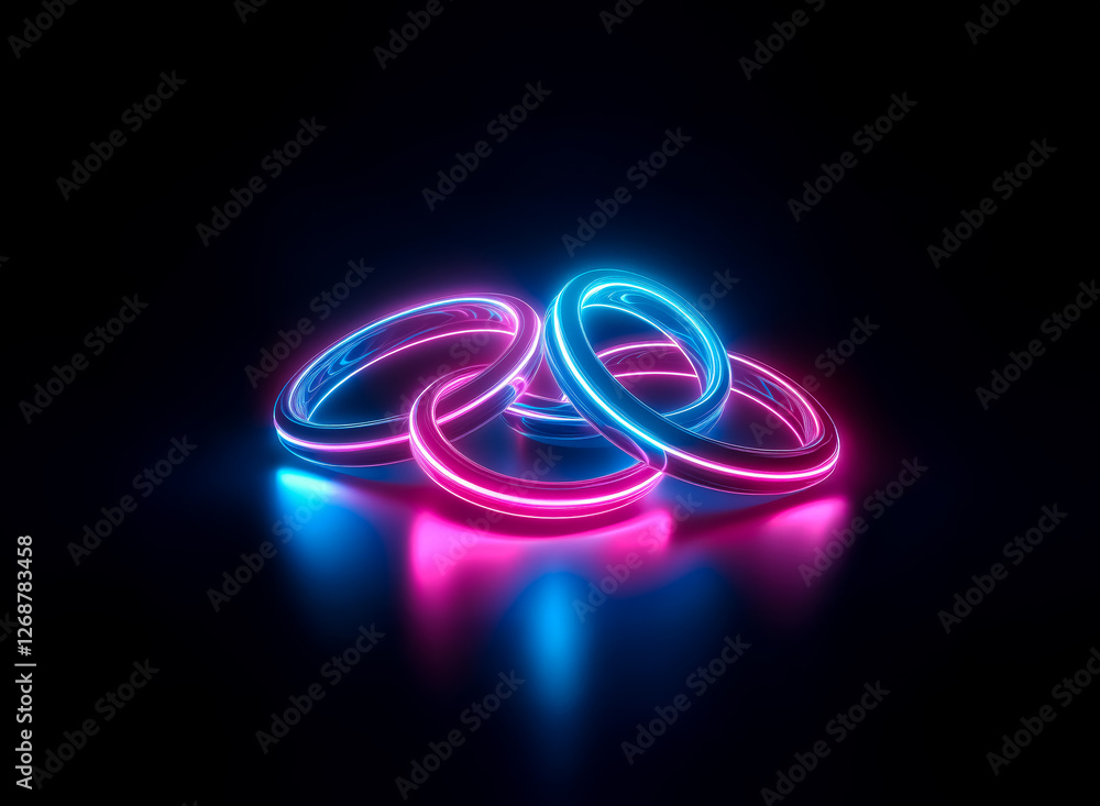 Poster neon rings interconnected glow in blue and pink against a dark background. stacked rings create a lu
