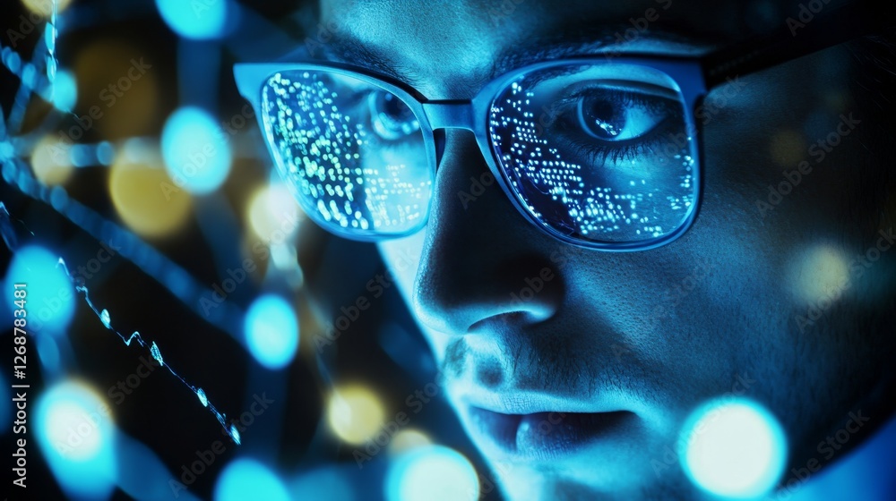 Poster cybersecurity expert performing data analysis in digital environment
