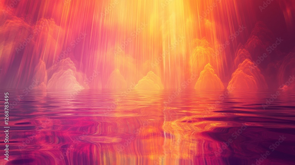 Poster surreal landscape of magenta and orange gradient with reflective water and soft cloud formations at 