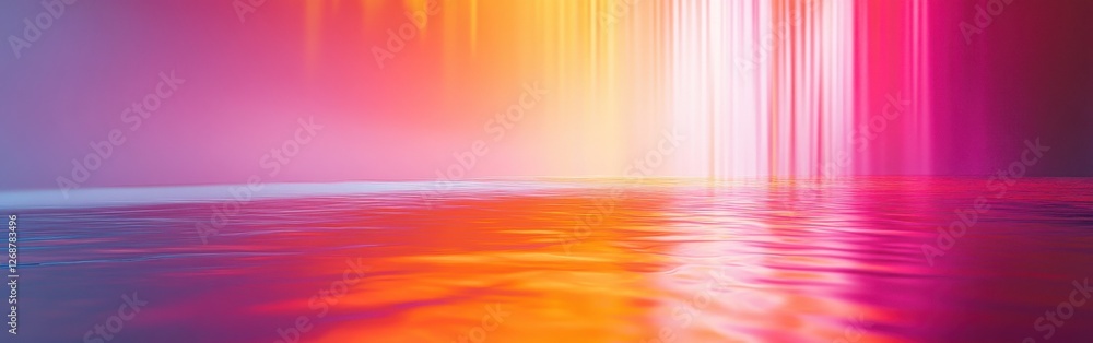 Poster surreal gradient space showcasing vibrant magenta and orange hues reflecting on a tranquil water sur