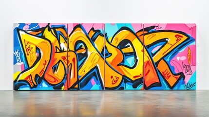 Graffiti art panels, vibrant colors, gallery display,  abstract letters