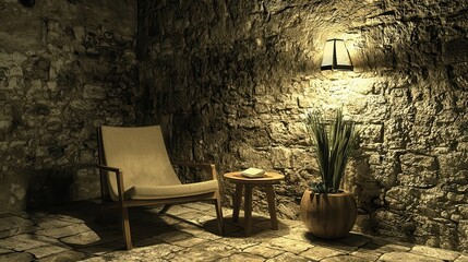 Obraz premium Serene Stone Room Chair Plant and Warm Light