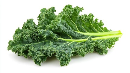 Fototapeta premium A vibrant kale leaf resting on a smooth white background, emphasizing the texture and color of the vegetable