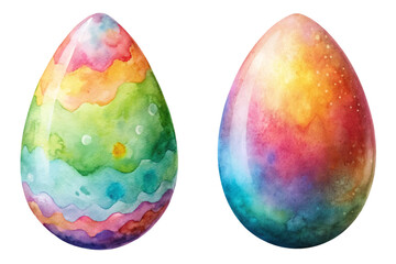 Colorful watercolor eggs, vibrant patterns, artistic design, Easter decoration, festive art, spring celebration, creative illustration.