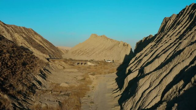 Aerial view of rugged desert terrain with unique rock formations in Hingol Balochistan National Park