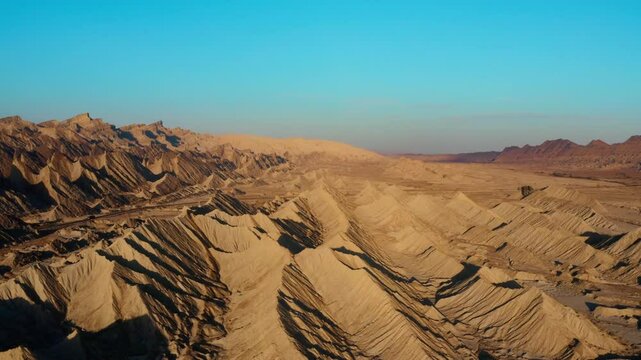 Aerial view of rugged desert terrain with unique rock formations in Hingol Balochistan National Park