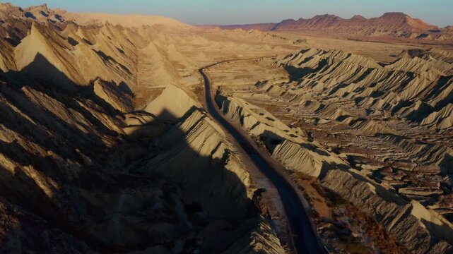 Aerial view of rugged desert terrain with unique rock formations in Hingol Balochistan National Park