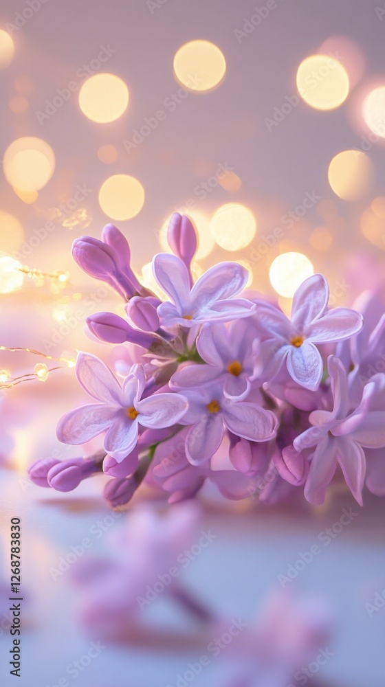 Poster Soft lilac blooms illuminated by warm bokeh lights create a serene and enchanting atmosphere