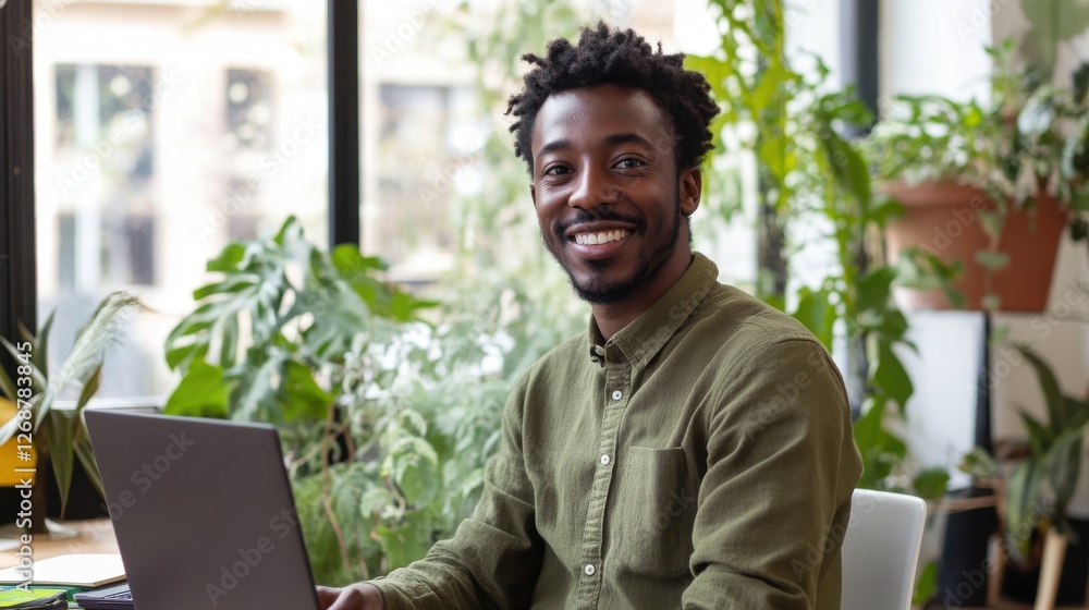 Aufkleber smiling man working on laptop in a bright indoor space surrounded by greenery