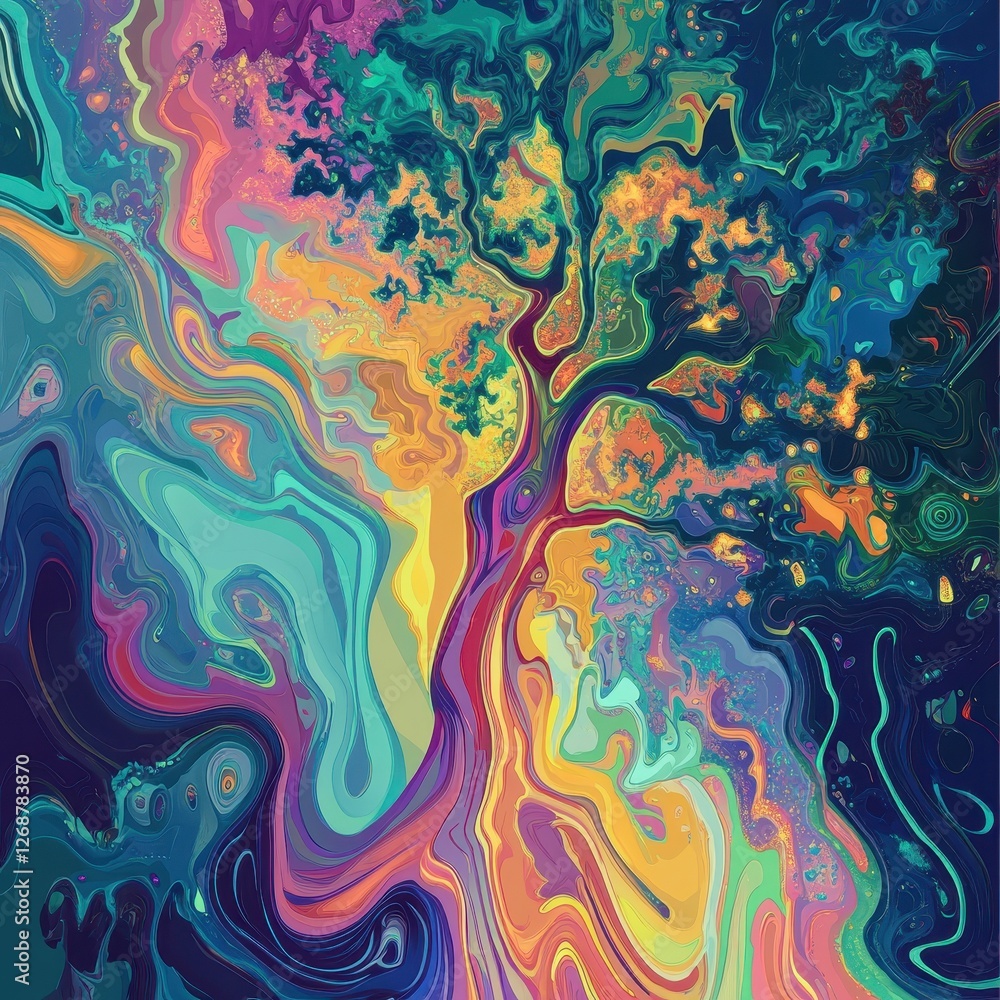 Poster abstract colorful tree with swirling paintlike textures and patterns