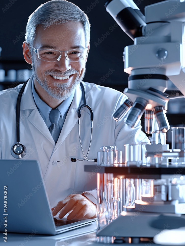 Poster research action of a scientist studying microbiology in a laboratory high-tech environment with clos