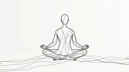 A continuous line drawing of a person meditating in a cross-legged position, emphasizing tranquility and balance, set against a pristine white backdrop.