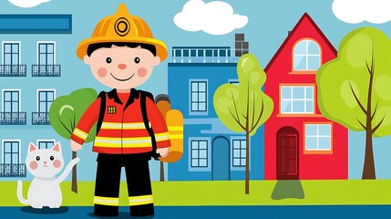 Cartoon Firefighter with Cat in Colorful Urban Landscape Design