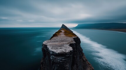 A dramatic cliff edge overlooking the ocean, with a cloudy sky and a distant coastline.