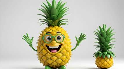 Cartoon pineapple character with glasses and hands up, studio background, possible use for fruit products