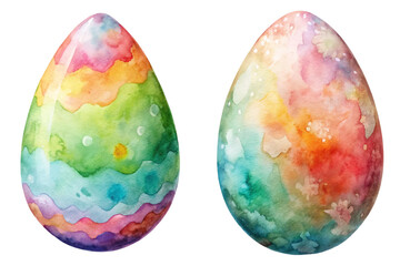 Colorful watercolor eggs, vibrant patterns, artistic design, festive decoration, spring theme, Easter celebration.