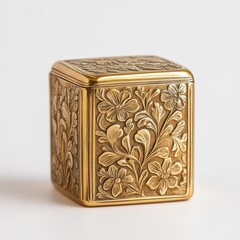 Intricately designed small gold jewelry box with floral patterns perfect for storing precious items