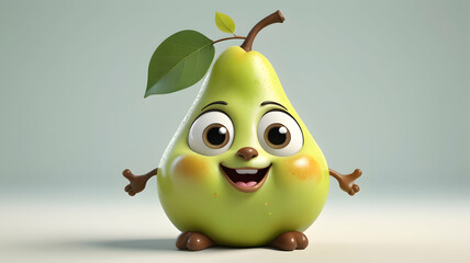 Smiling pear cartoon character against a plain background