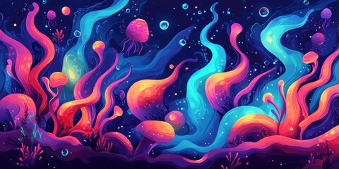 Vibrant underwater scene showcases surreal flora and fauna