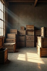 Sunlit Wooden Crates Stacked in a Rustic Industrial Warehouse Interior