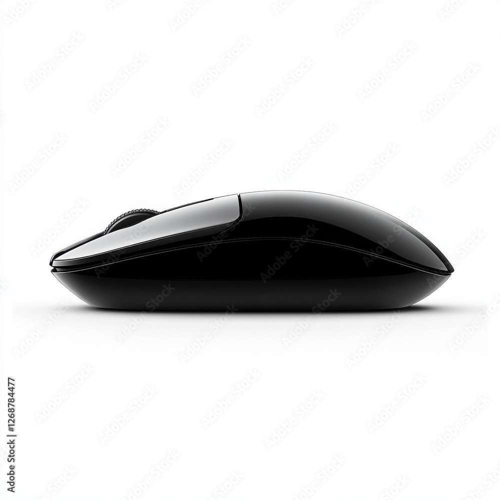 Poster sleek black computer mouse positioned on a clean surface with a minimalist design for modern users