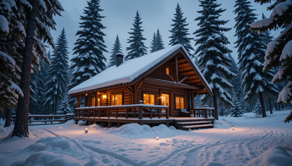 Cozy Cabin Hidden in a Snowy Forest