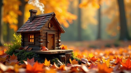 Enchanted Autumn Cabin Nestled Among Vibrant Fall Foliage on a Mossy Stump, with Smoke Gently Rising from its Chimney