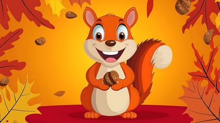 Cheerful Cartoon Squirrel with Acorn Surrounded by Colorful Leaves