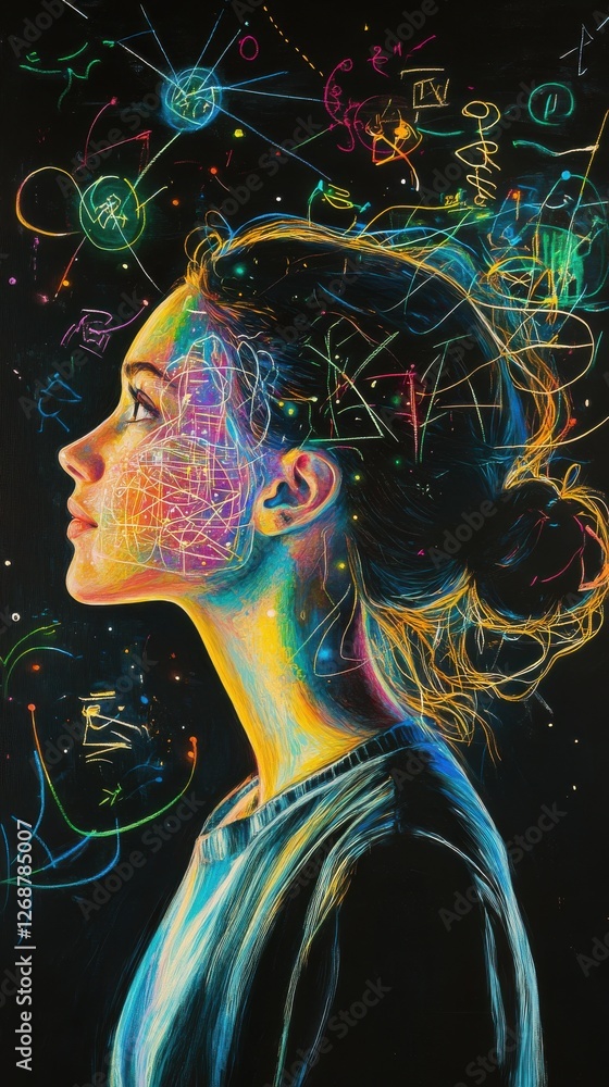 Poster portrait of a glowing teacher engaging with creative thoughts and ideas in a vibrant and colorful at
