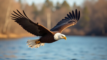 Fototapeta premium An eagle with a white head and brown wings takes off over the water. In the distance, wooded hills and a blue sky with clouds are visible.