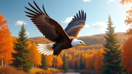 Obraz premium An eagle with a white head and brown wings hovers in the air with its wings spread. In the background, trees with bright orange and yellow foliage are visible, which creates an autumnal atmosphere.