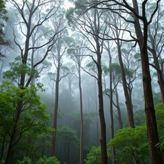 Naklejka premium Dense eucalyptus trees tower above misty forest floor, trees, trees, greenery