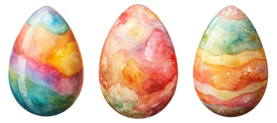 Colorful watercolor eggs, vibrant patterns, festive decoration, spring theme, artistic design, holiday celebration.