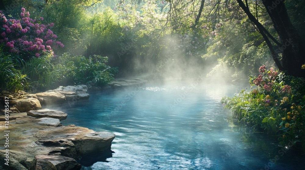 Aufkleber natural spring pool with steaming waters surrounded by vibrant flowers and lush greenery in a tranqu