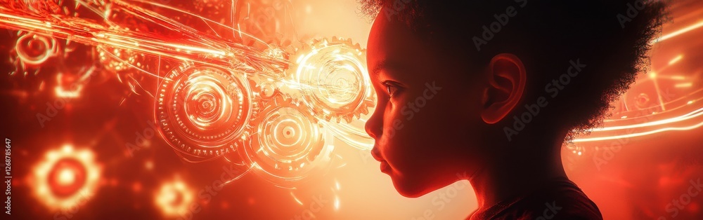 Fototapete mystical visualization of a child exploring their imagination through vibrant gears and cosmic eleme