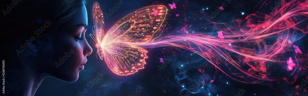 Poster mystical profile of a woman interacting with a luminous butterfly in an enchanting celestial atmosph