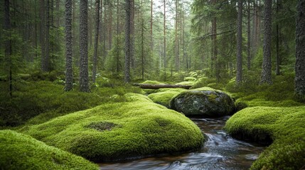 Fototapeta premium A forest background-themed image showcasing Moss-covered ground in the forest, surrounded by tall trees with green foliage
