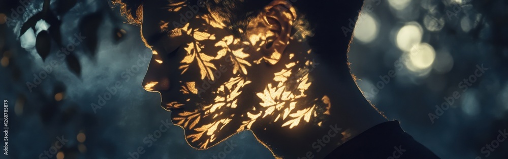 Poster mans profile illuminated by natural patterns in a mystical forest setting during twilight