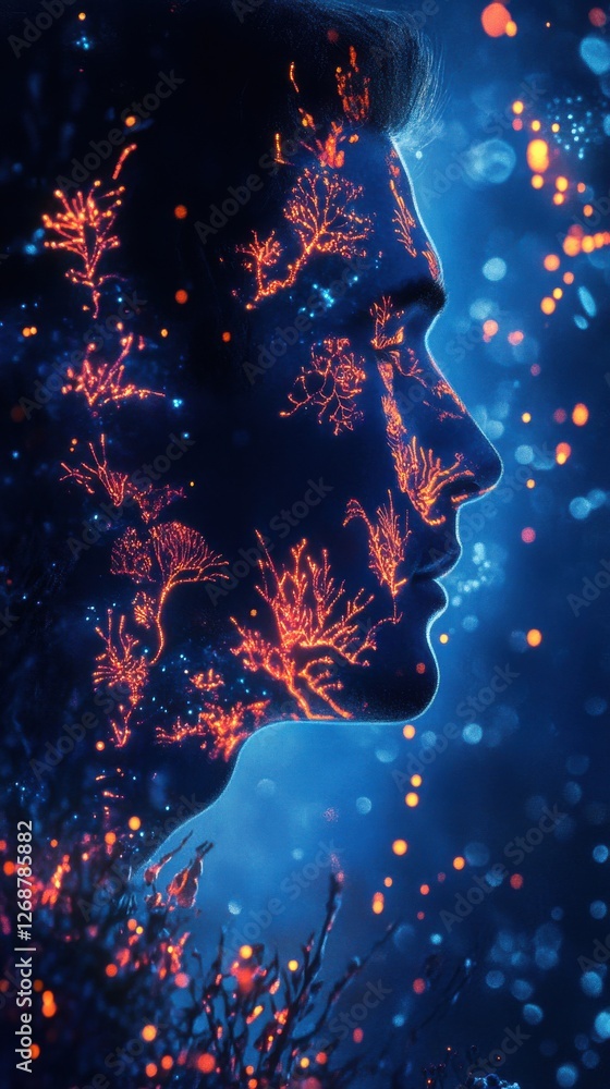 Leinwandbilder mystical profile of a man illuminated with glowing patterns and vibrant colors in a dreamlike settin