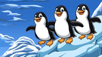 Obraz premium Three Happy Penguins Dancing on Ice with Blue Sky Background