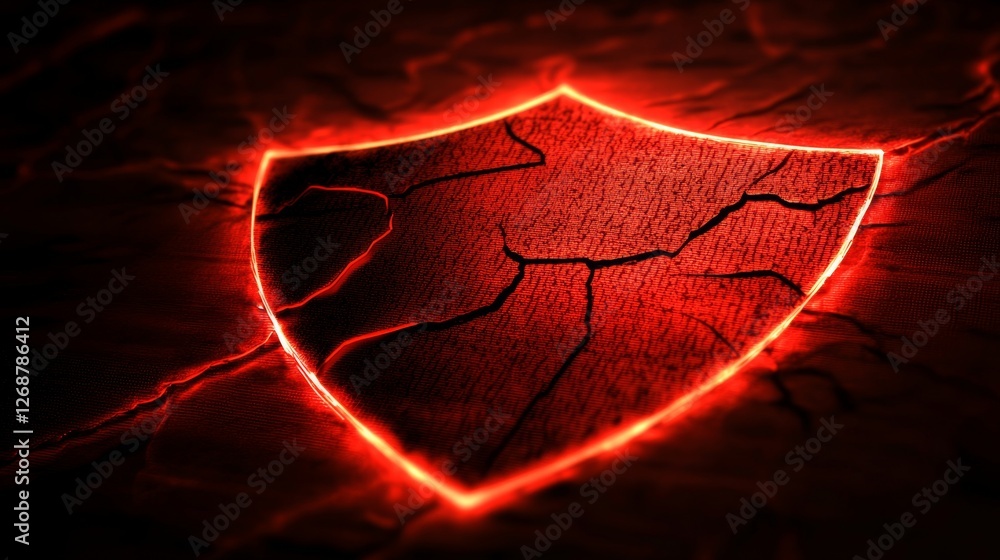 Poster glowing red shield icon with cracks and texture background