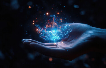 A Hand Holding a Glowing Network of Data Points Representing Digital Transformation and Innovation