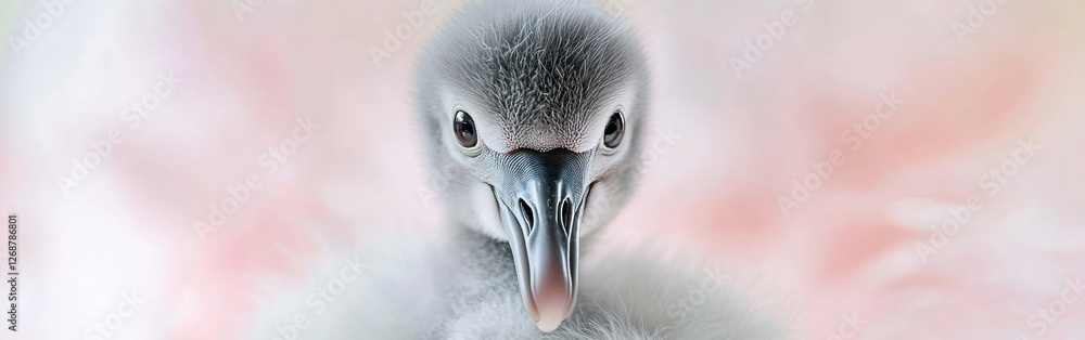 Poster close-up of a flamingo chick revealing soft feathers and curious expression in a vibrant habitat